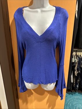 Free People Royal Blue V-Neck Flared Sleeve Knit Top
